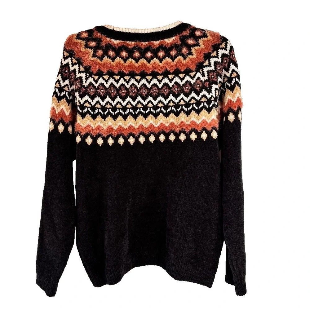 Alfred Dunner Sweater Pullover Crew Neck Black/Orange/Cream Women's‎ Size L